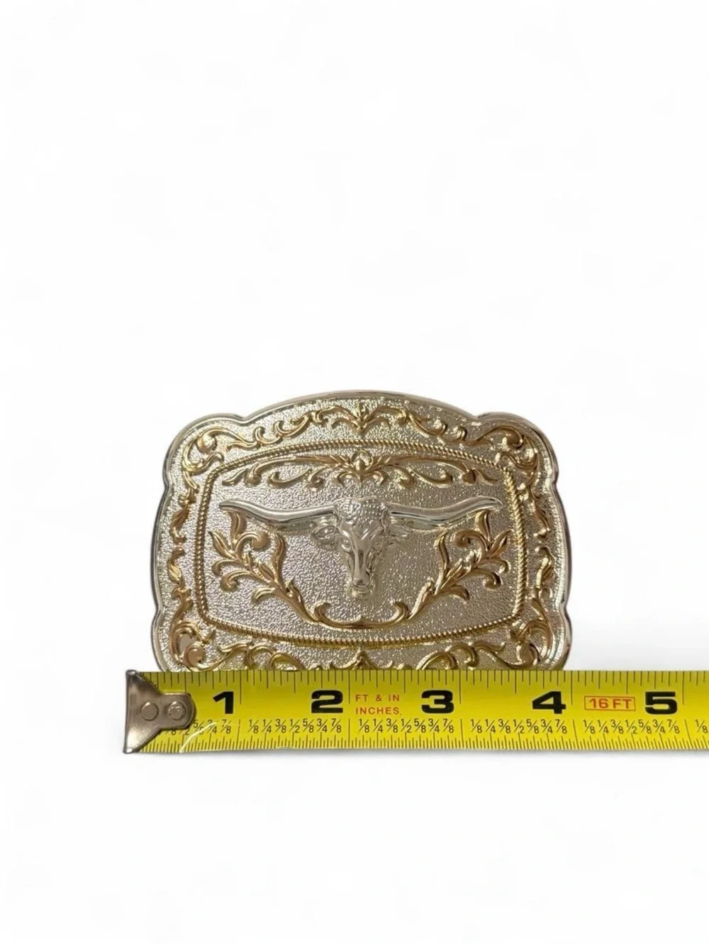 Silver & Gold Longhorn Belt Buckle with Ornate Floral and Scrollwork Design